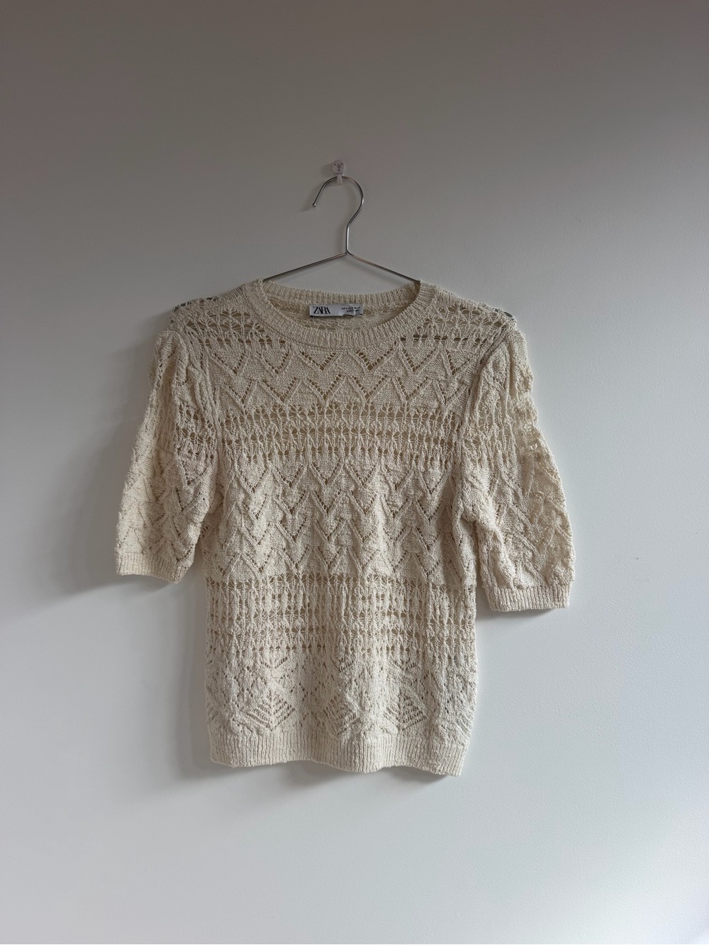 Zara Cream Knit Short-Sleeve Sweater Top
